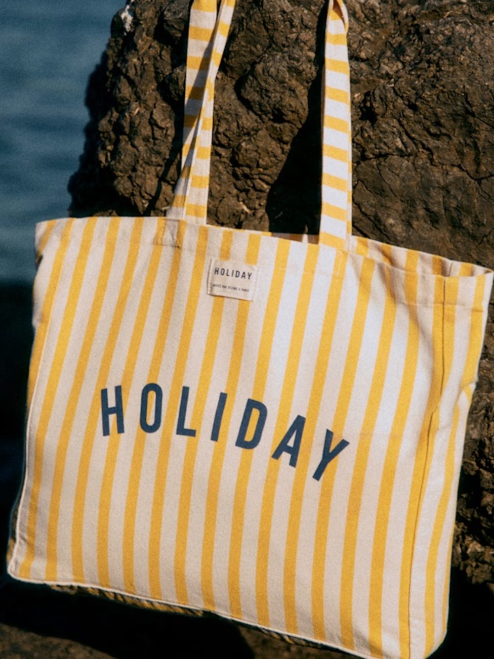 Sézane 100% Recycled Cotton “Holiday” Striped Graphic Tote Bag, Yellow & Beige - Picture 1 of 8